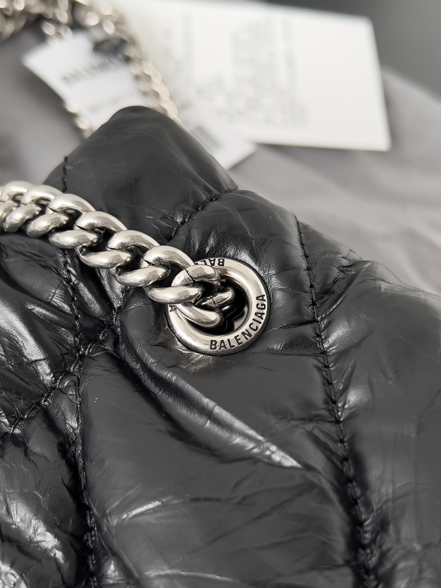 Pre-Owned Balenciaga Crush Quilted Drawstring Tote Bag - Black Wrinkled Leather with Silver Chain