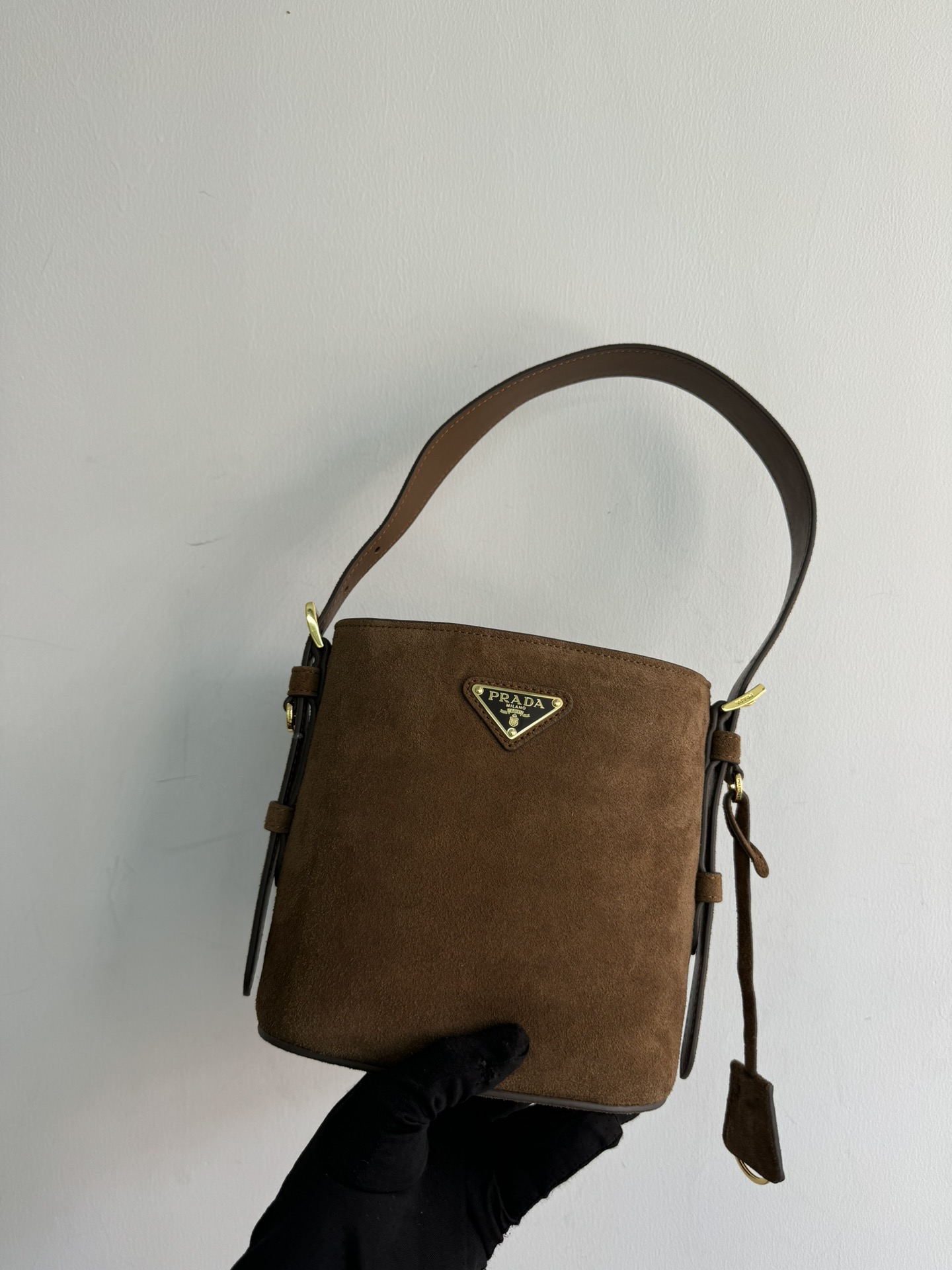 Pre-Owned Prada Suede Mini Bucket Bag - Cinnamon with Enameled Triangle Logo