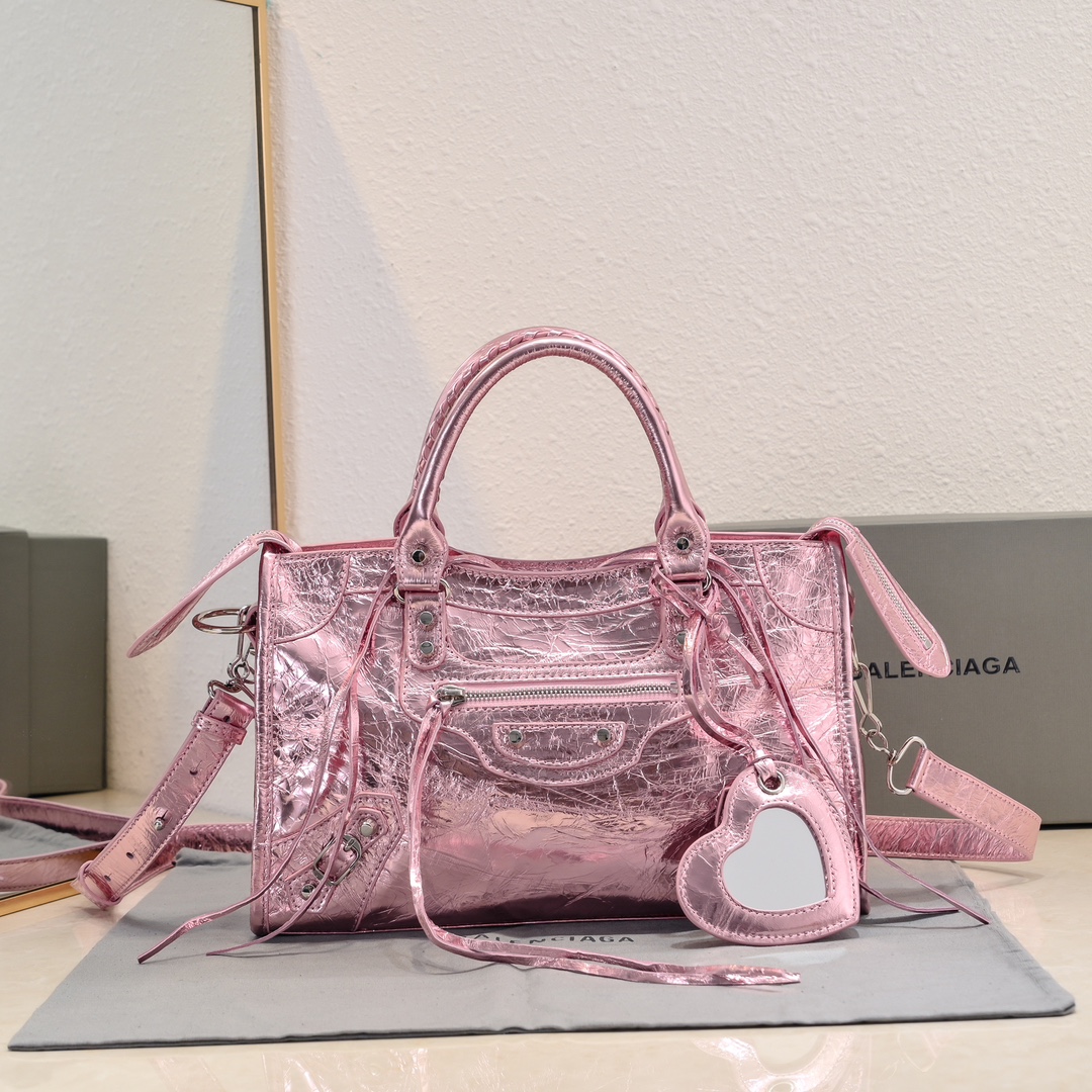 Pre-Owned Balenciaga Metallic Pink XS Crystal Neo Cagole Handbag - Agneau Leather