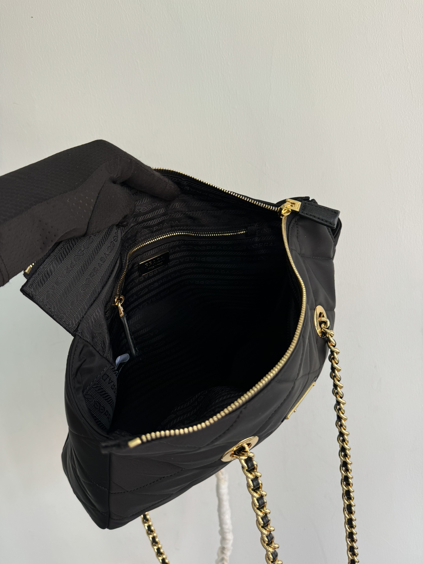 Pre-Owned Prada Enamel Triangle Logo Quilted Leather Handbag - Black with Silver Hardware