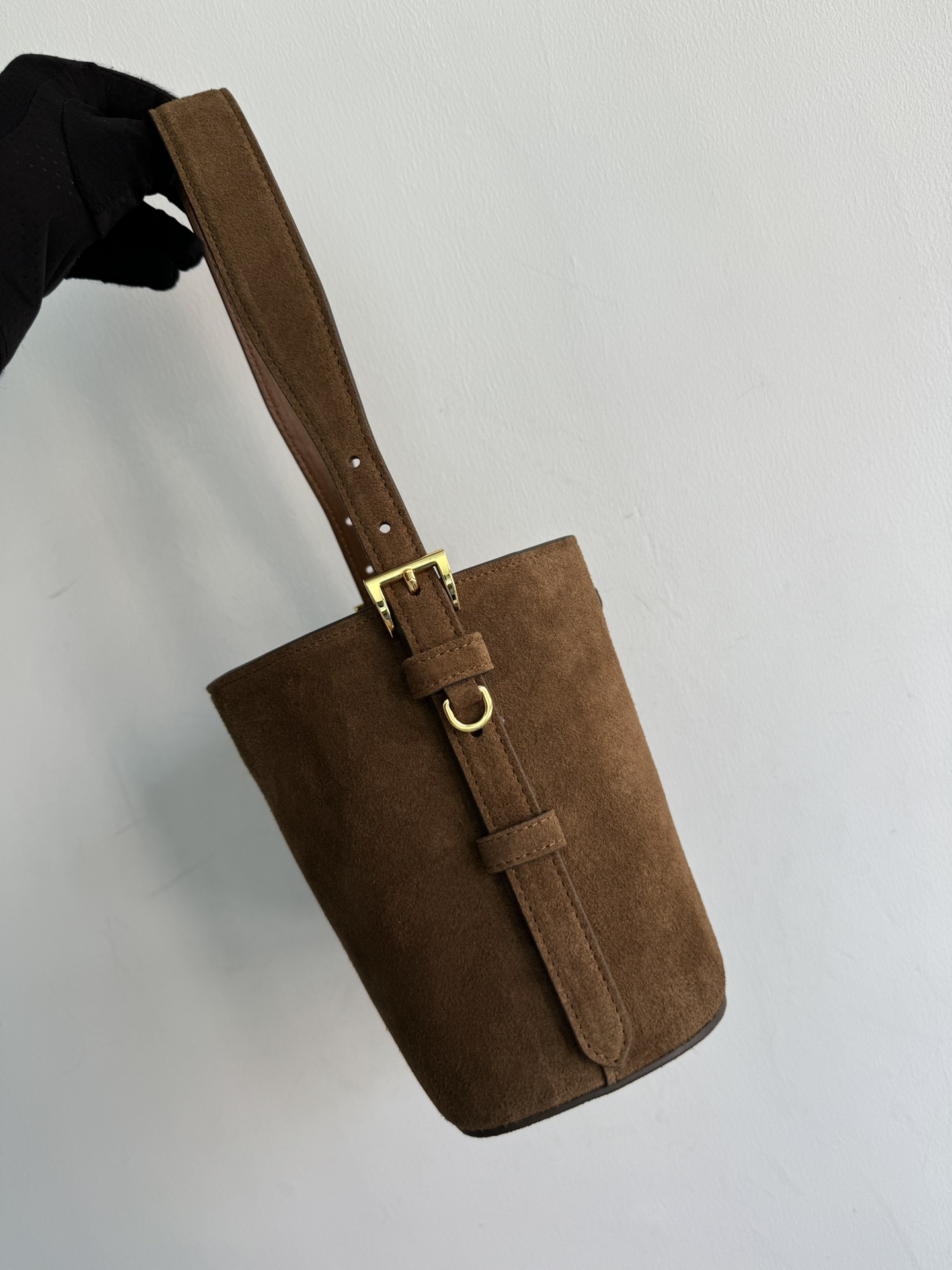 Pre-Owned Prada Suede Mini Bucket Bag - Cinnamon with Enameled Triangle Logo