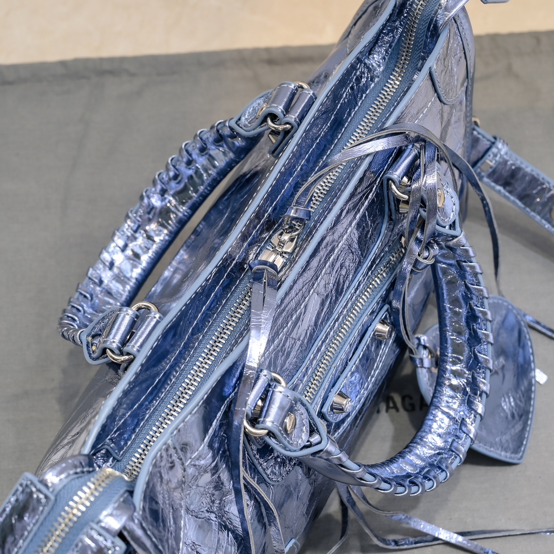 Pre-Owned Balenciaga Metallic Blue XS Crystal Neo Cagole Handbag - Agneau Leather