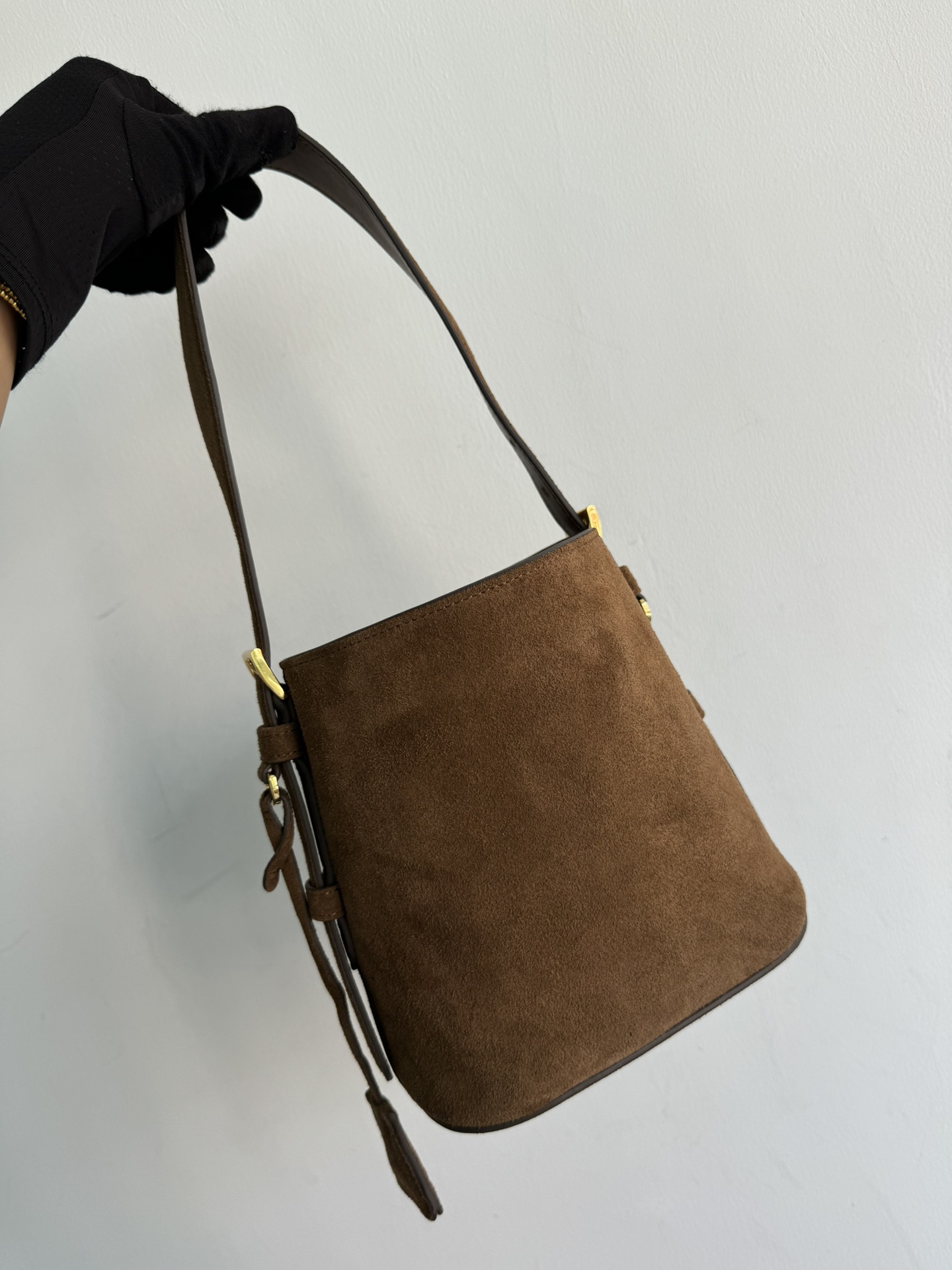 Pre-Owned Prada Suede Mini Bucket Bag - Cinnamon with Enameled Triangle Logo