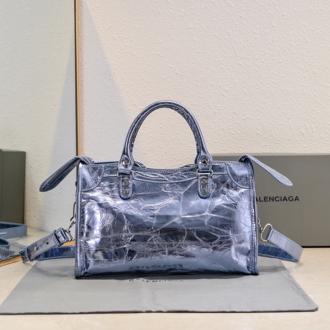 Pre-Owned Balenciaga Metallic Blue XS Crystal Neo Cagole Handbag - Agneau Leather