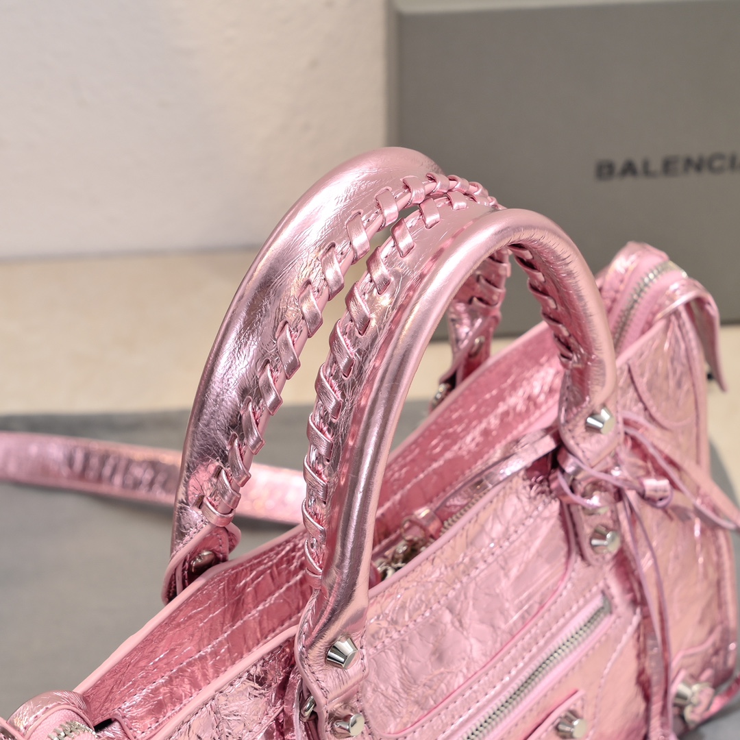 Pre-Owned Balenciaga Metallic Pink XS Crystal Neo Cagole Handbag - Agneau Leather