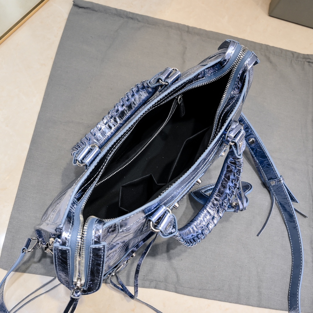 Pre-Owned Balenciaga Metallic Blue XS Crystal Neo Cagole Handbag - Agneau Leather