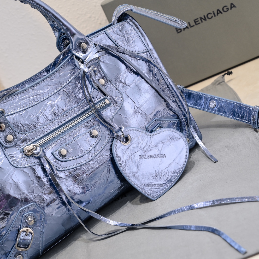 Pre-Owned Balenciaga Metallic Blue XS Crystal Neo Cagole Handbag - Agneau Leather