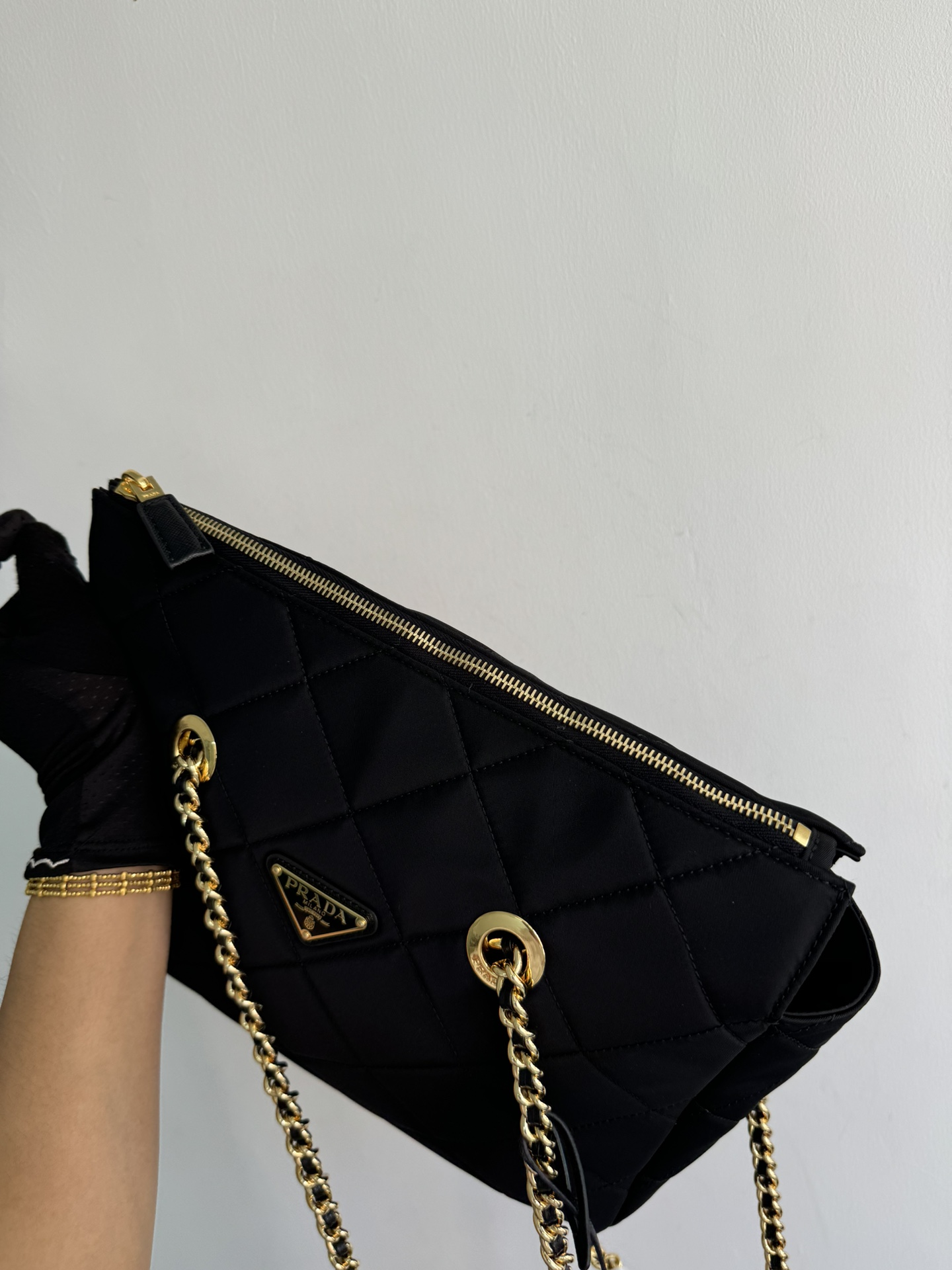 Pre-Owned Prada Enamel Triangle Logo Quilted Leather Handbag - Black with Silver Hardware