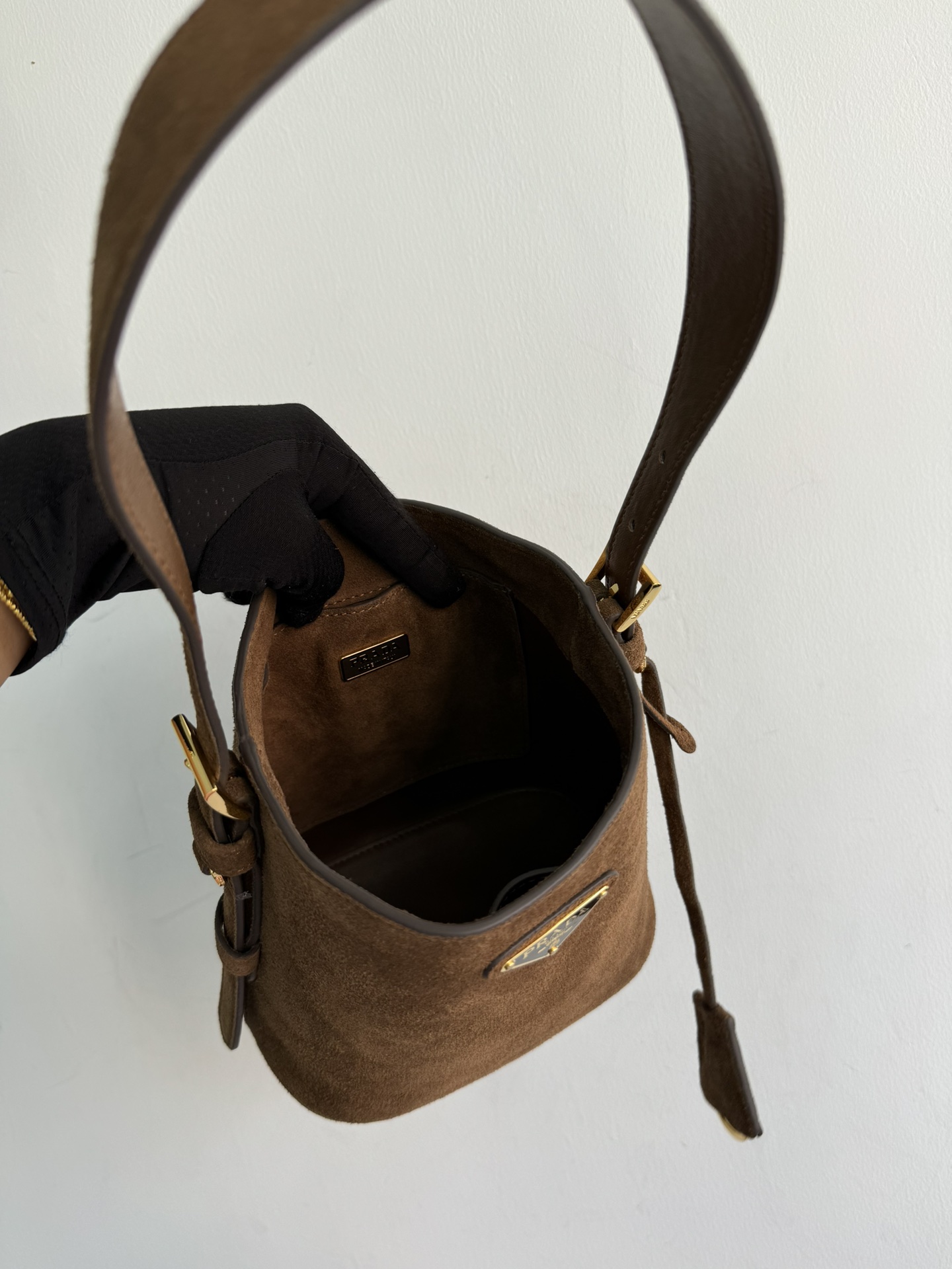 Pre-Owned Prada Suede Mini Bucket Bag - Cinnamon with Enameled Triangle Logo