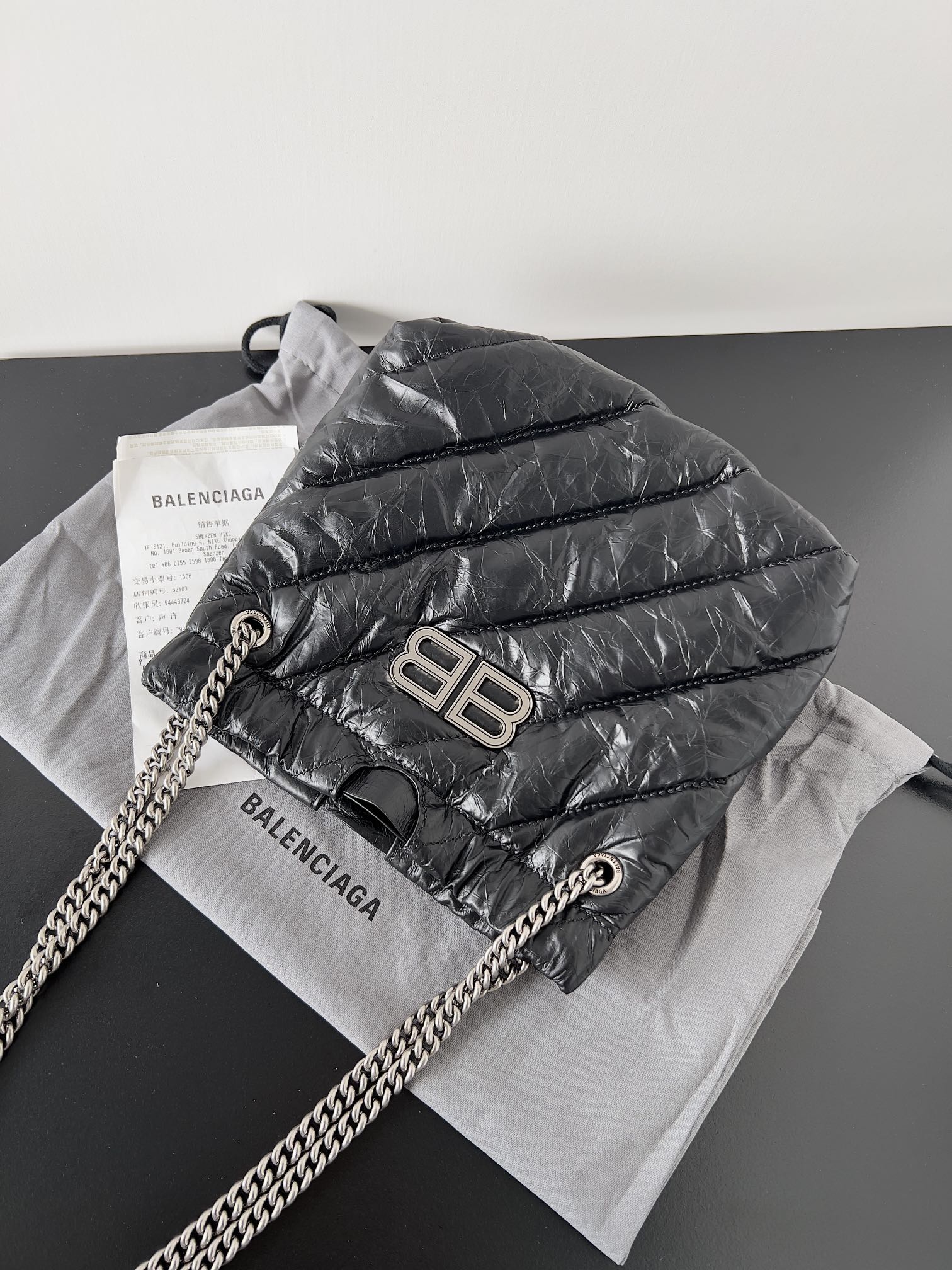 Pre-Owned Balenciaga Crush Quilted Drawstring Tote Bag - Black Wrinkled Leather with Silver Chain