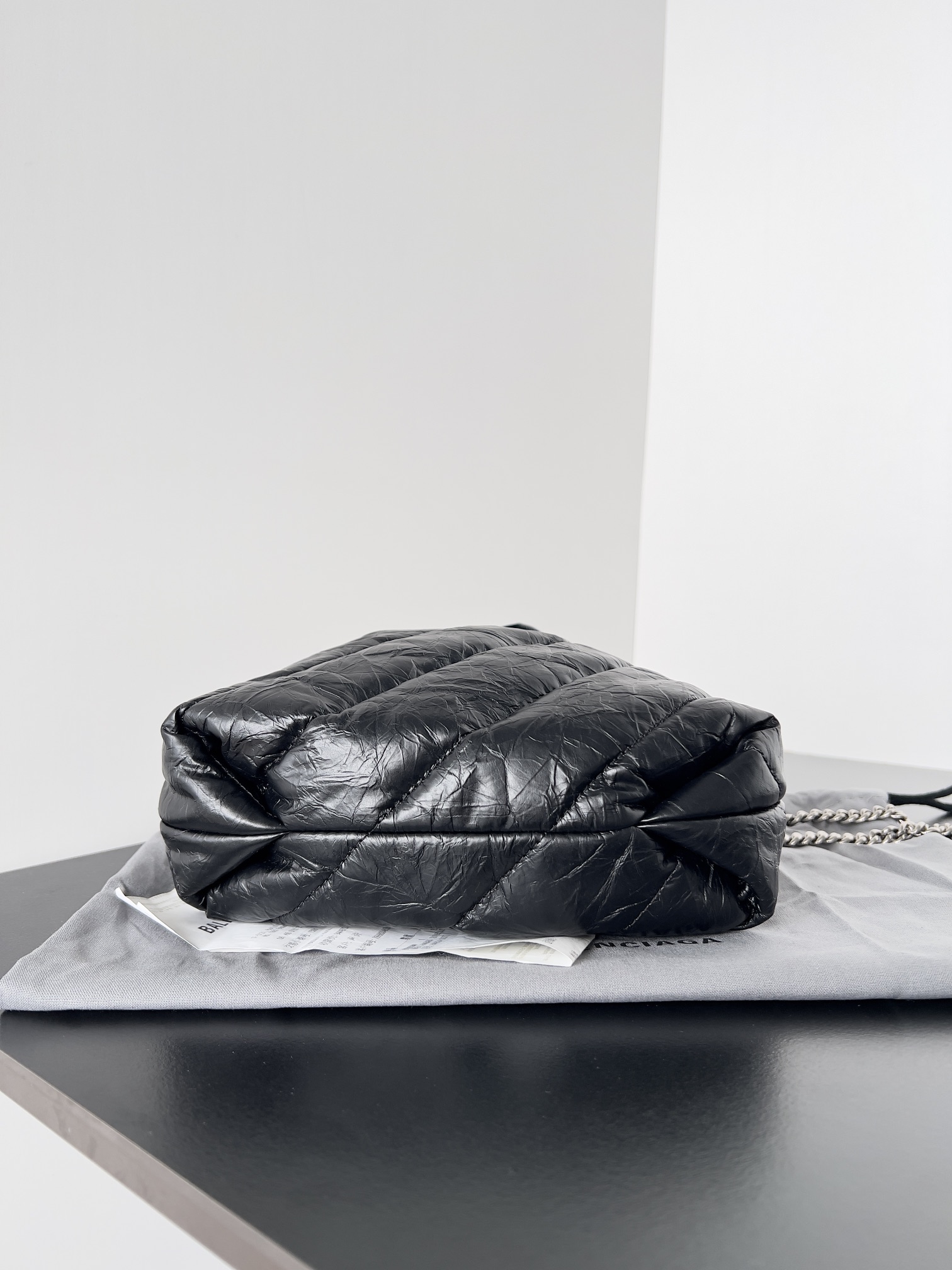 Pre-Owned Balenciaga Crush Quilted Drawstring Tote Bag - Black Wrinkled Leather with Silver Chain