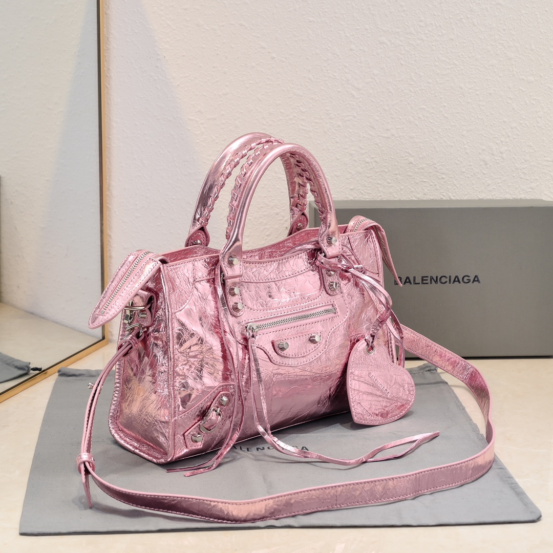 Pre-Owned Balenciaga Metallic Pink XS Crystal Neo Cagole Handbag - Agneau Leather