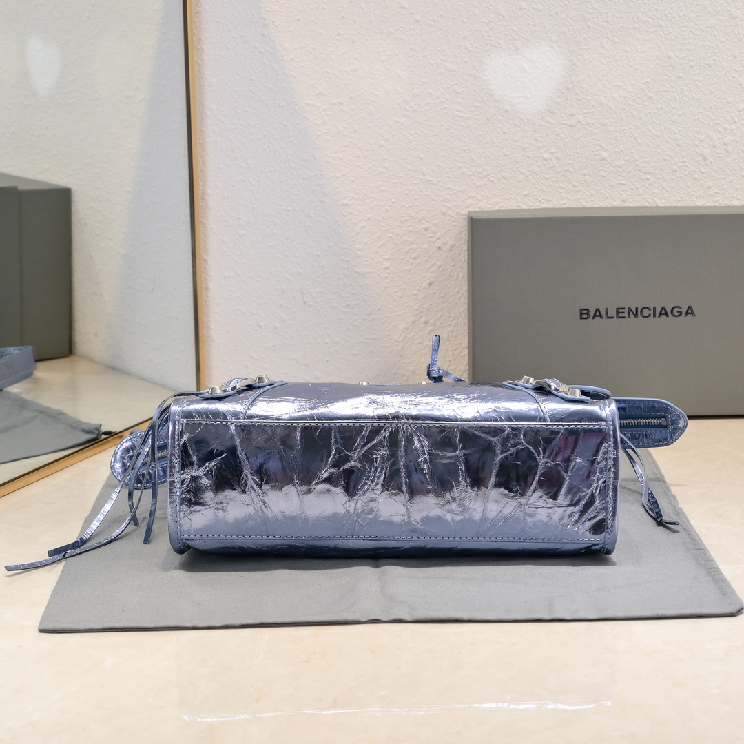 Pre-Owned Balenciaga Metallic Blue XS Crystal Neo Cagole Handbag - Agneau Leather