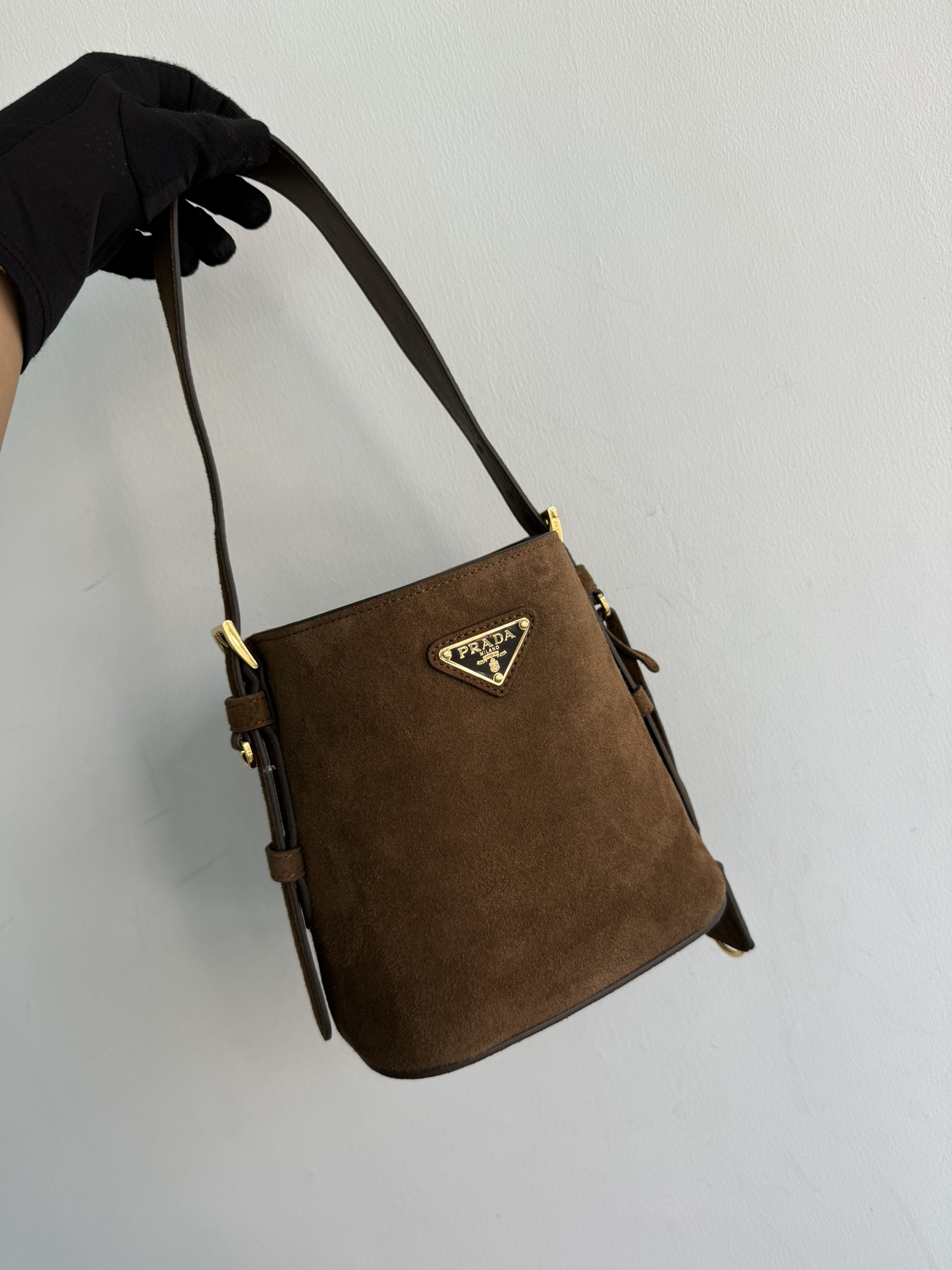 Pre-Owned Prada Suede Mini Bucket Bag - Cinnamon with Enameled Triangle Logo