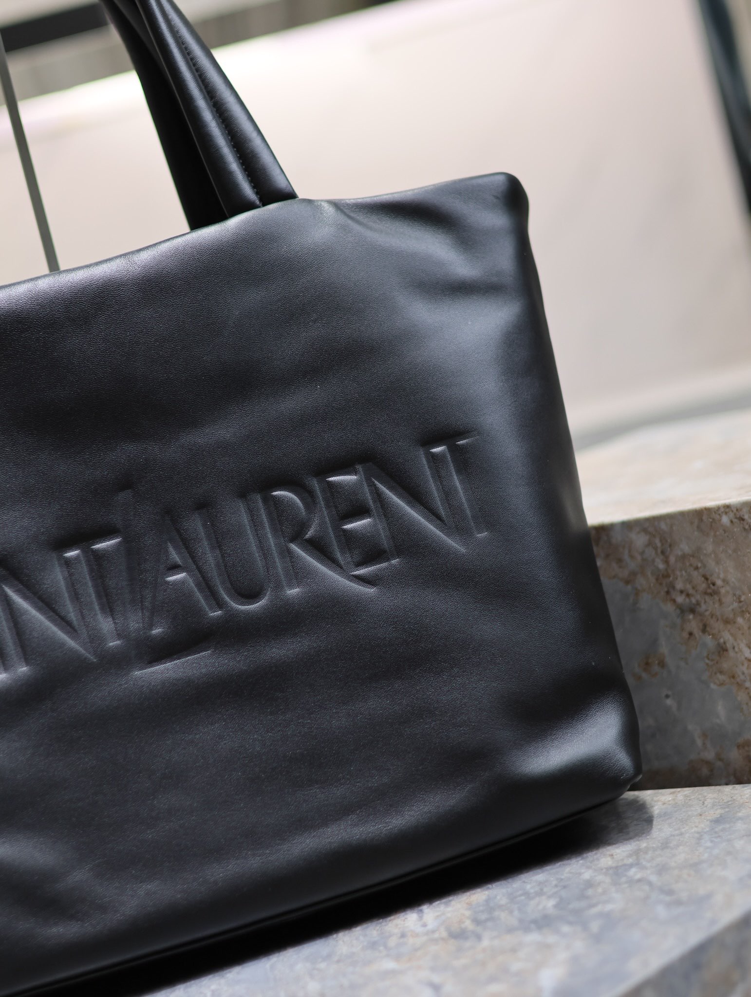 Pre-Owned Saint Laurent Black Lambskin Tote Bag - Embossed Logo, Spacious and Elegant